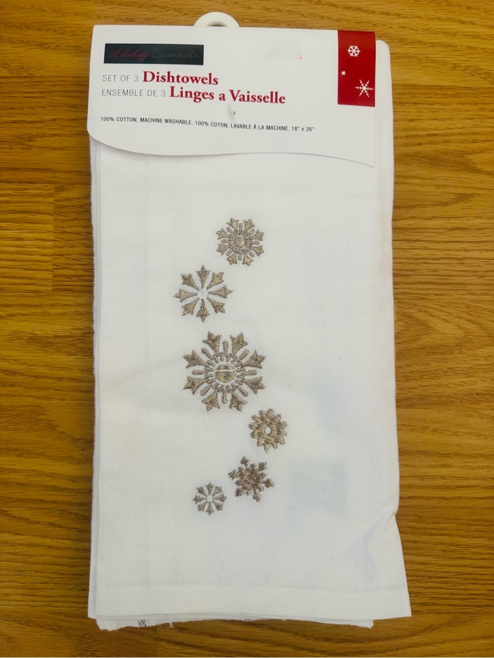 Set of 3 White Dish Towels with Gold Snowflake Embroidery